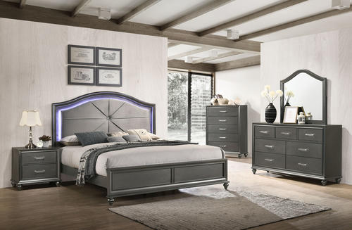 8318 Metallic Grey King Bedroom With Headboard LED Lights $1695